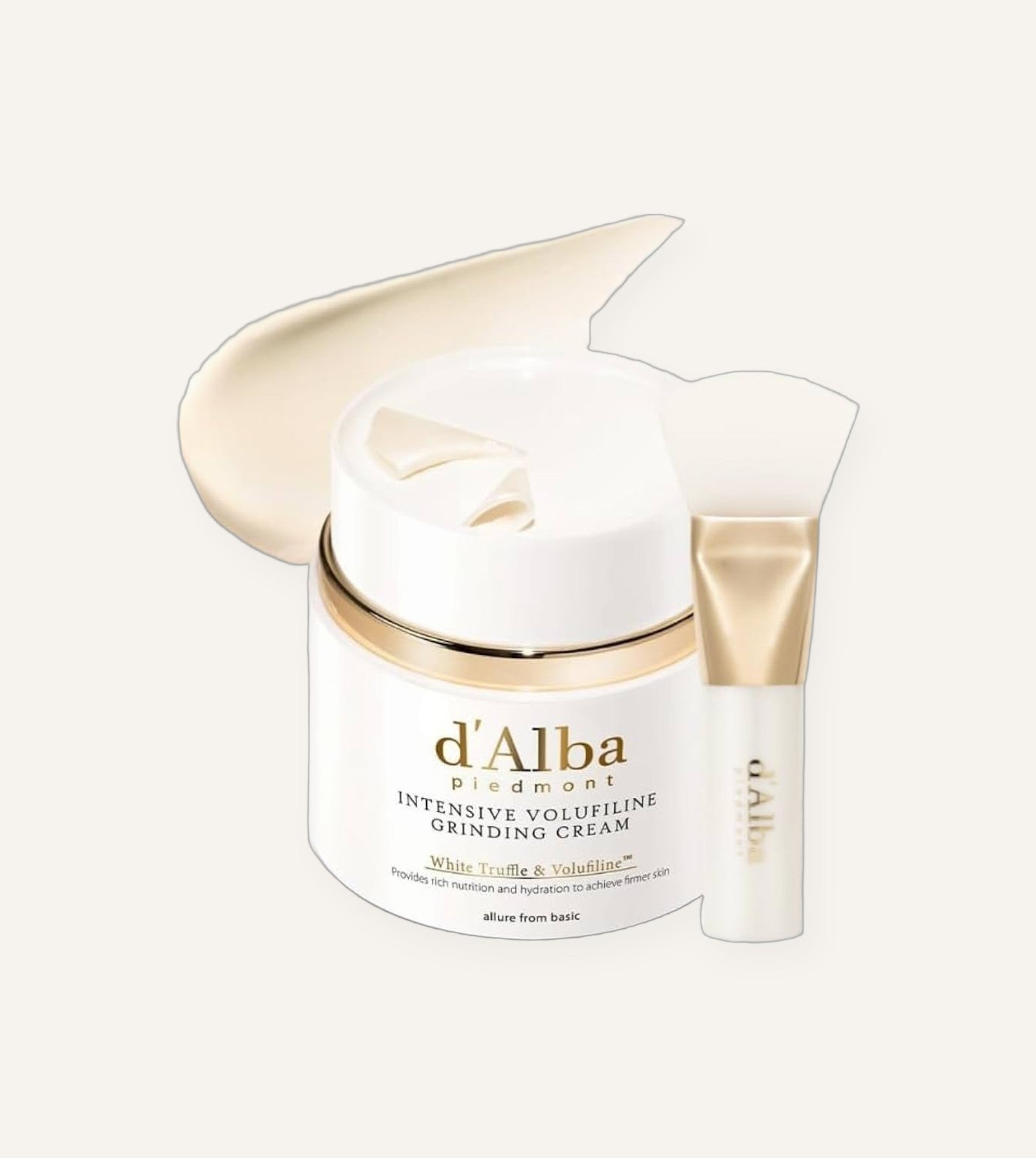 d'Alba Intensive Volufiline Grinding Cream jar with a ribbon of cream and spatula