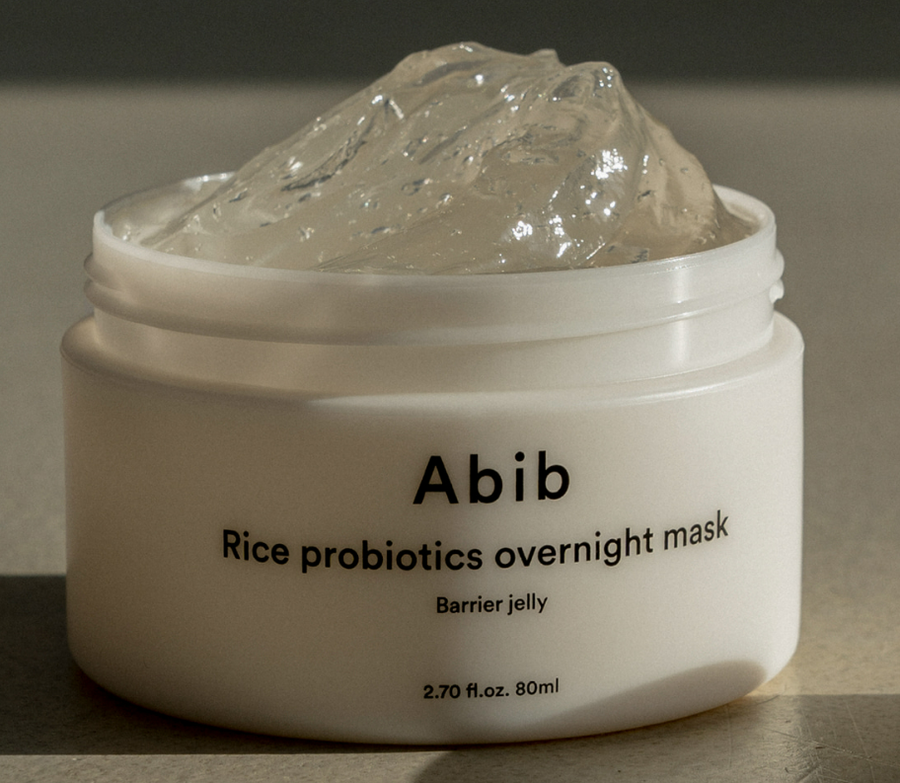 Abib Rice Probiotics Overnight Mask jar opened, showing the barrier jelly