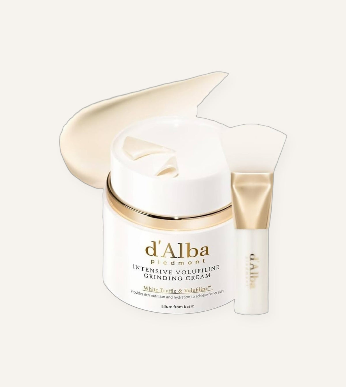 d'Alba Intensive Volufiline Grinding Cream jar with a ribbon of cream and spatula