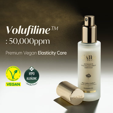 d'Alba Intensive Volufiline Spray Ampoule with Volufiline 50,000 ppm, V-Label vegan and hypoallergenic marks