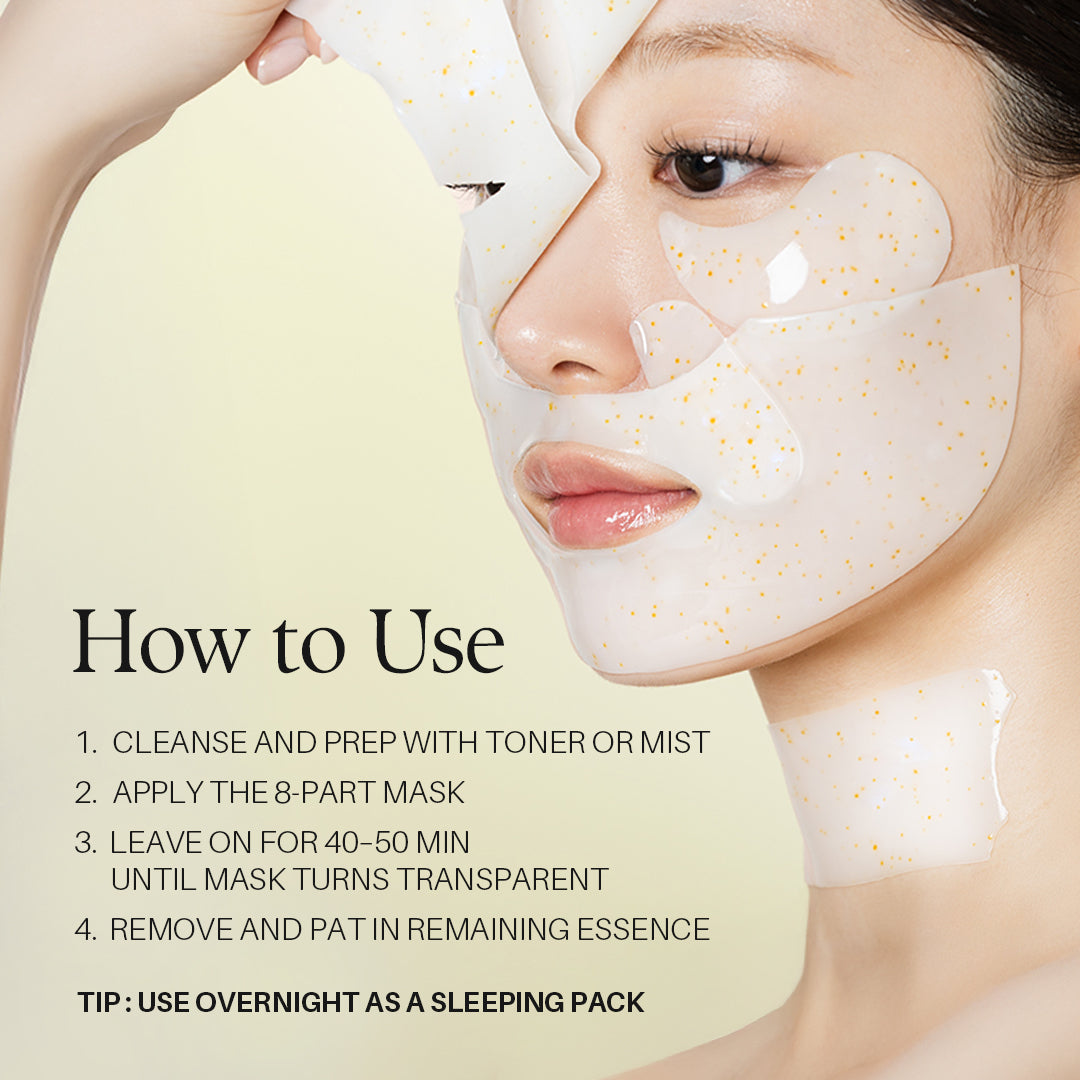 How to use d'Alba Signature Vita Capsule Hydrogel Mask: prep, apply the eight pieces, leave 40 to 50 minutes