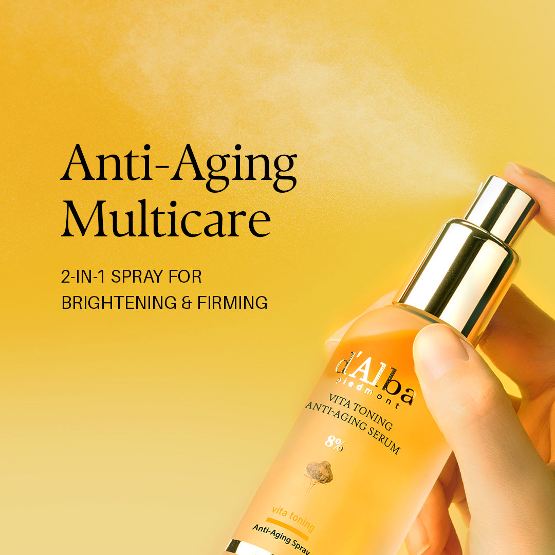 d'Alba Vita Toning Anti-Aging Spray Serum 8% held in the hand, anti-aging multicare visual