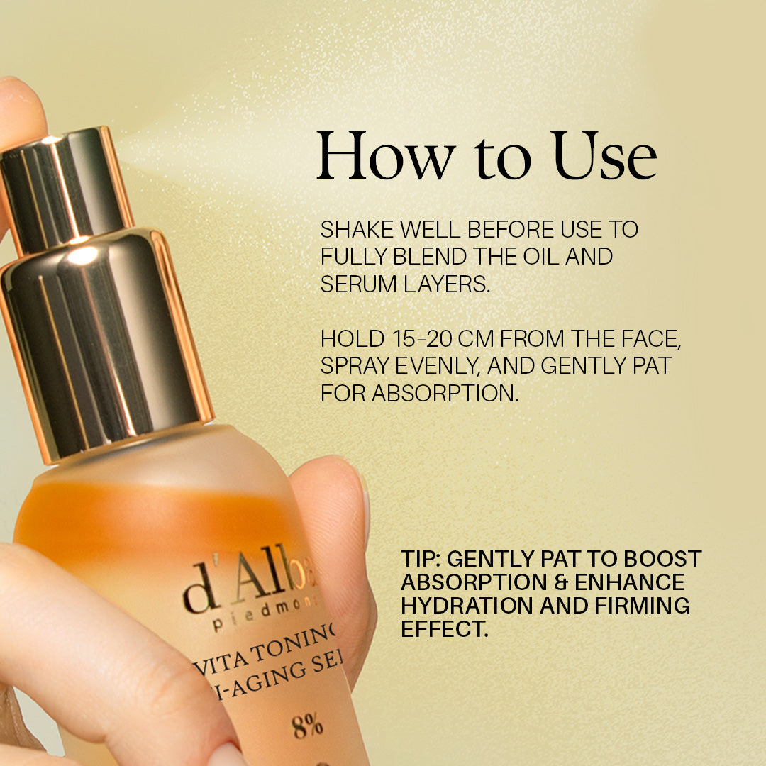How to use d'Alba Vita Toning Anti-Aging Spray Serum 8%: shake, spray 15 to 20 cm from the face, pat in